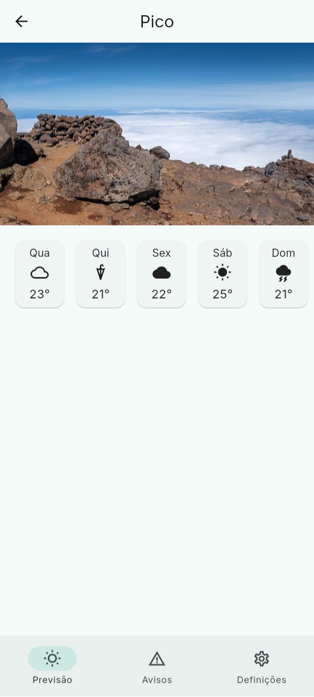 O ecrã do Pico, com foto, os cinco dias e um toque na seta de voltar.
