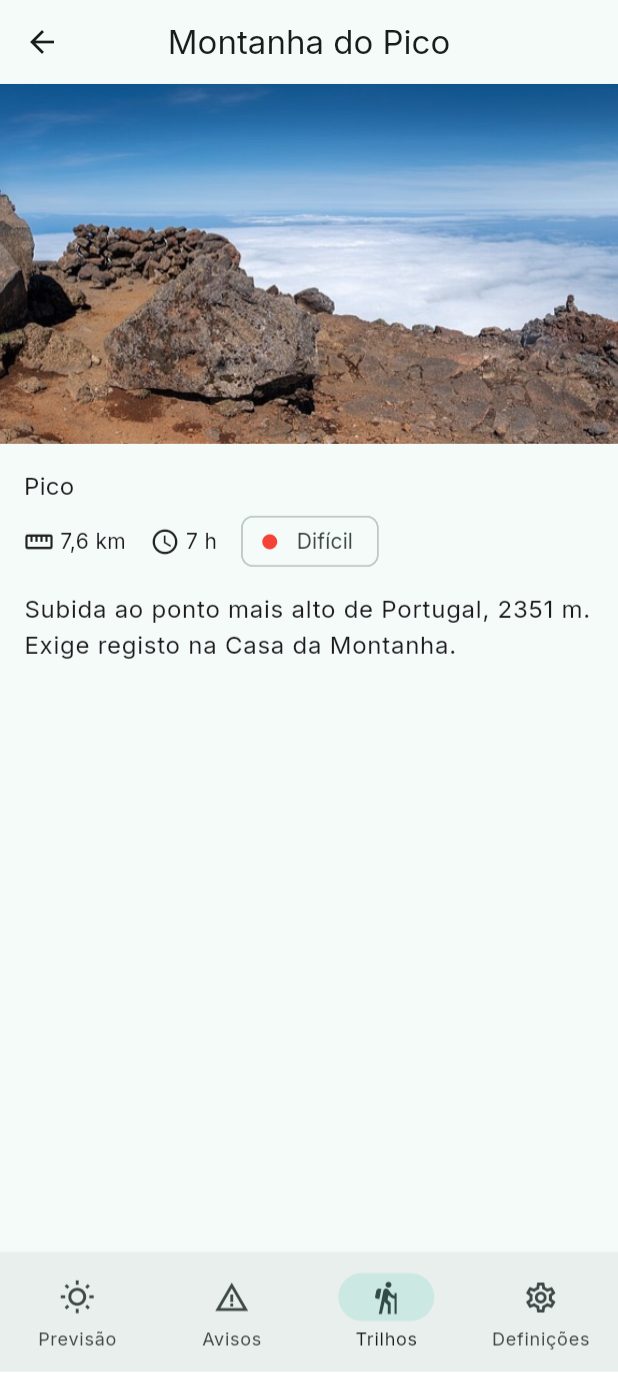 O detalhe da Montanha do Pico: seta para voltar, foto, ilha, distância, duração, dificuldade e descrição.