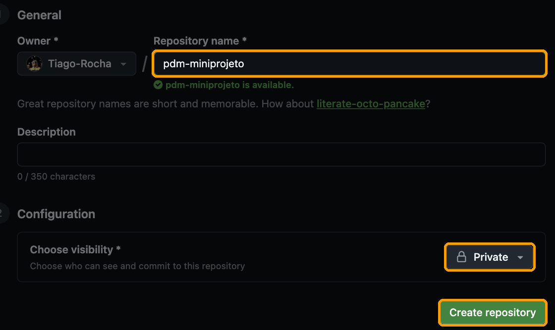 Formulário Create a new repository com o template pdm-aula-10, o nome pdm-miniprojeto, a visibilidade Private e o botão Create repository assinalados.