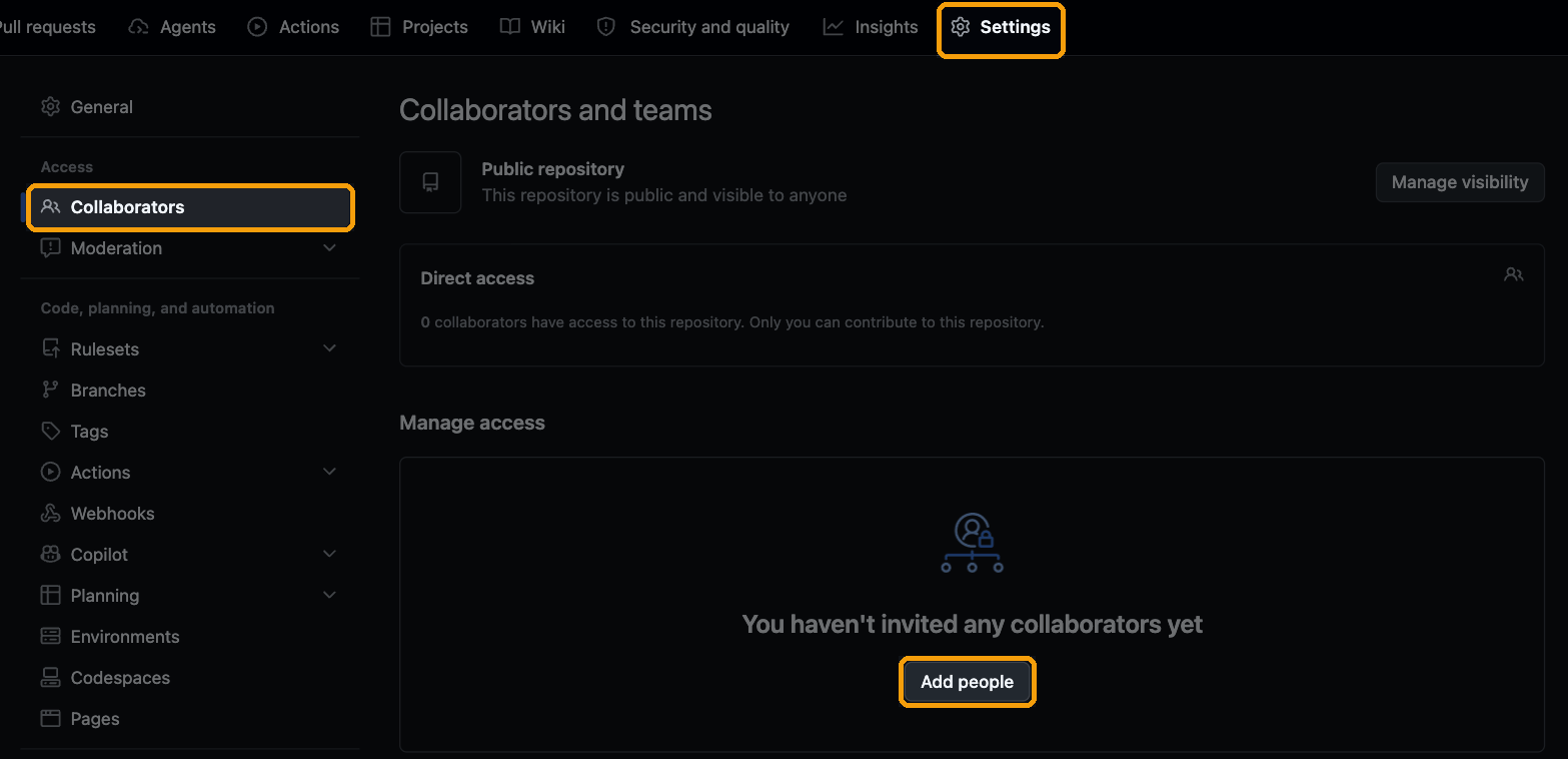 Definições de um repositório no GitHub com o separador Settings, a secção Collaborators e o botão Add people assinalados.
