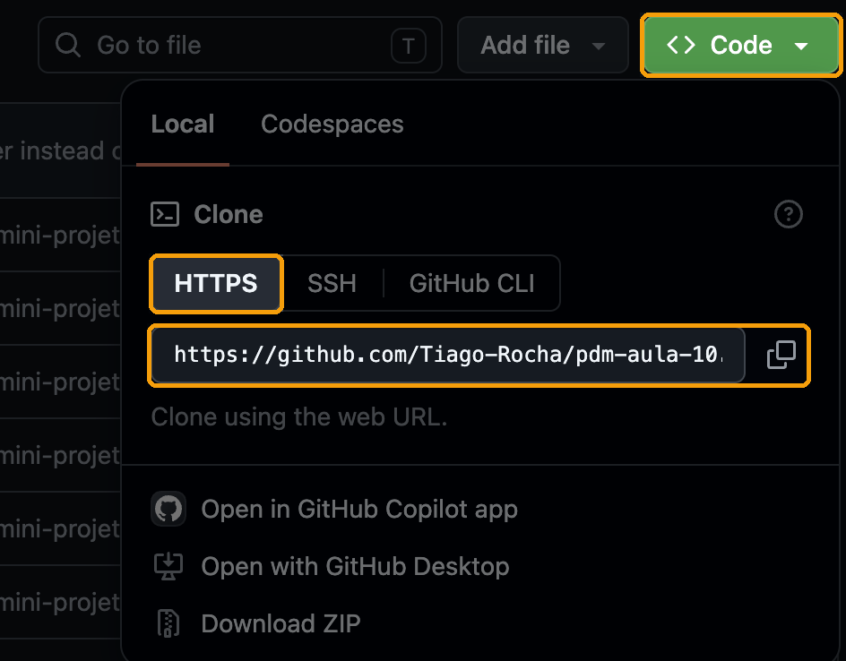 Menu Code de um repositório no GitHub com o separador HTTPS e o campo do URL assinalados.