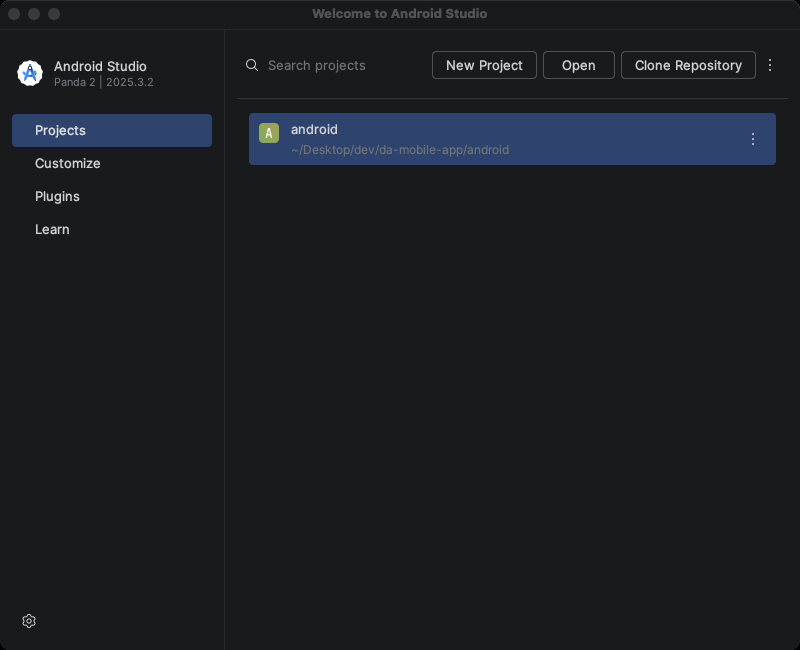 Ecrã inicial do Android Studio, Welcome to Android Studio, com os botões New Project, Open, Clone Repository e o menu de três pontos