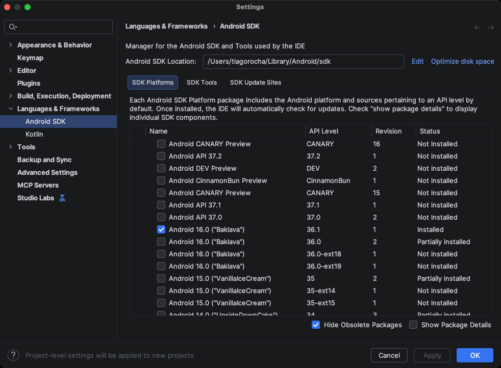 SDK Manager, separador SDK Platforms, com Android 16.0 API 36.1 marcado como instalado e a localização do SDK no topo