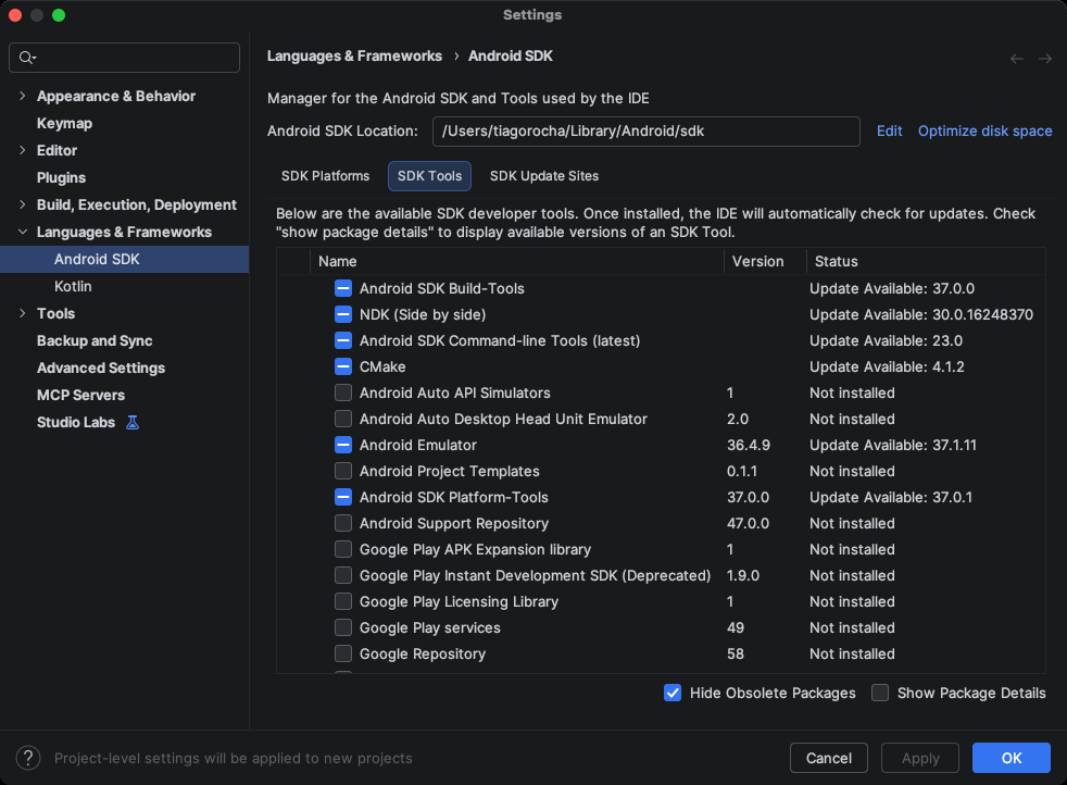 SDK Manager, separador SDK Tools, com as Command-line Tools marcadas