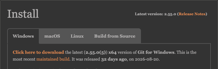 Página de download do Git for Windows com o link Click here to download a versão x64