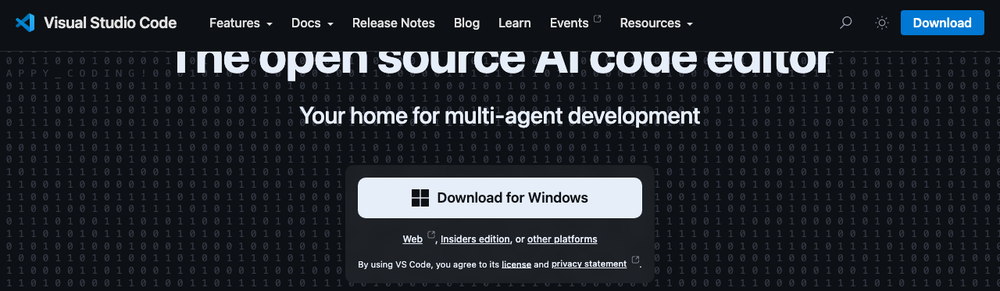 Página inicial do Visual Studio Code com o botão Download for Windows