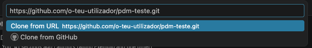 Paleta do VS Code com o comando Git: Clone e um URL do GitHub colado, com a opção Clone from URL