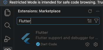 Vista Extensions do VS Code com a extensão Flutter de Dart Code no topo