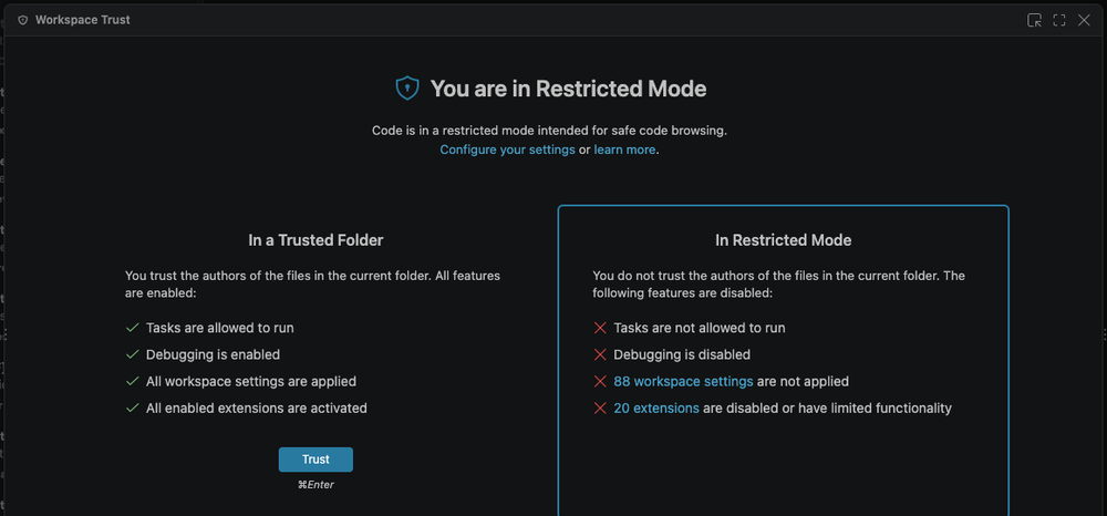 Janela Workspace Trust do VS Code, You are in Restricted Mode, com o botão Trust