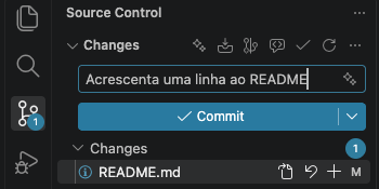 Vista Source Control do VS Code com a mensagem Acrescenta uma linha ao README, o botão Commit e o ficheiro README.md na lista de alterações